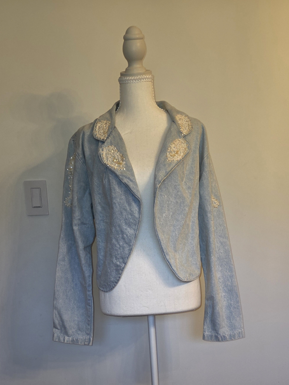 Embellished  Washed Denim Jacket with Delicate Bead Appliqués